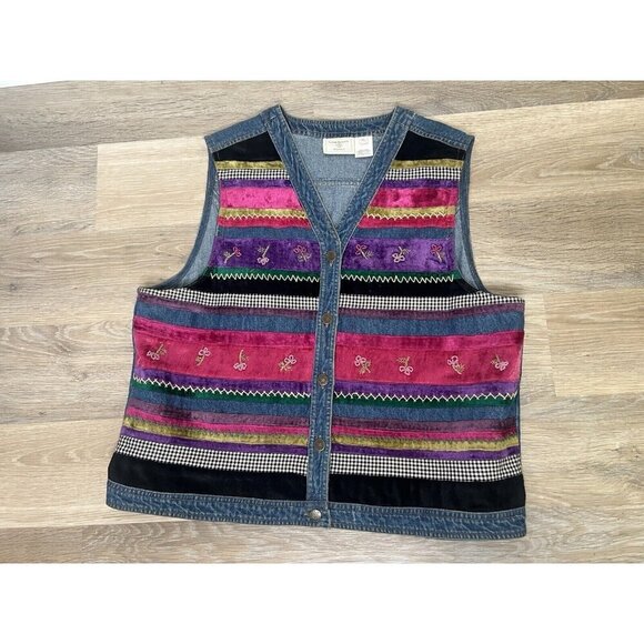 Vtg 90's Y2K Susan Bristol Denim Button Down Colorful Artsy Floral Vest Indie XL - Picture 6 of 9